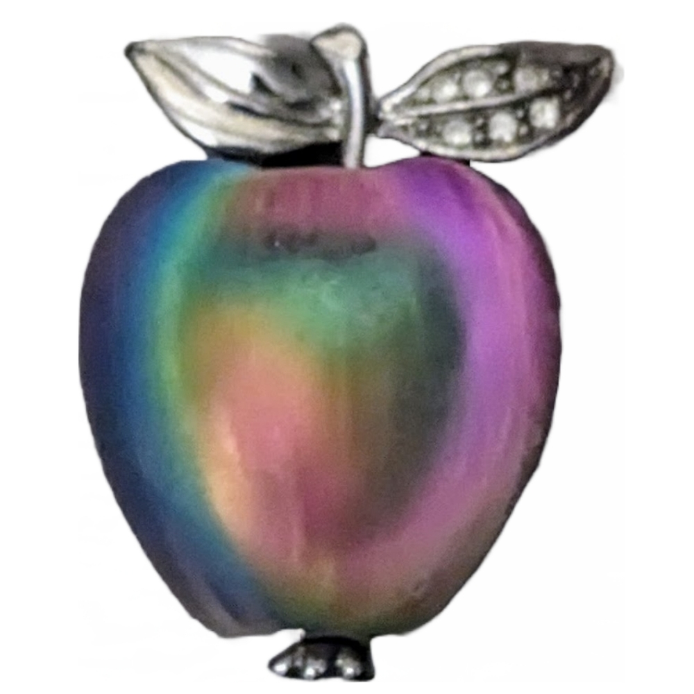 Vintage Piscitelli Rainbow Color Metal Apple Brooch / Pin w/ Rhinestones